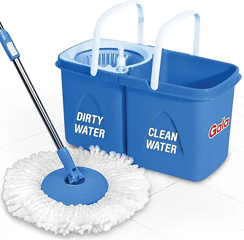 Gala Twin Bucket Spin Mop, 2 Microfiber Refills, Floor Cleaning Mop stick with Bucket, pocha for floor cleaning, Mopping Set with two buckets (white and blue)